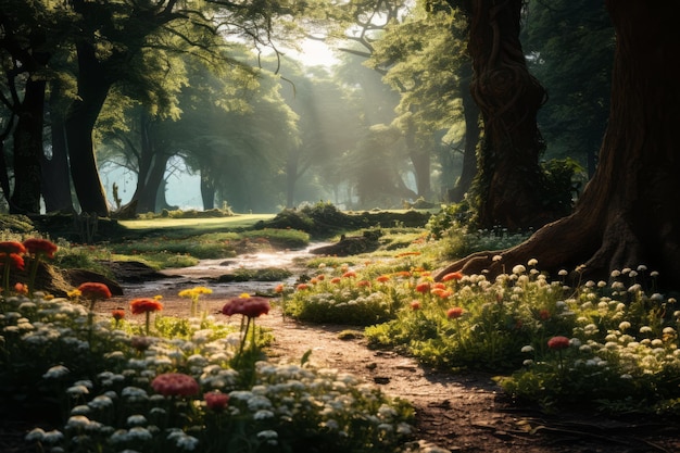 Sunlit Glade with a Carpet of Wildflowers Generative AI