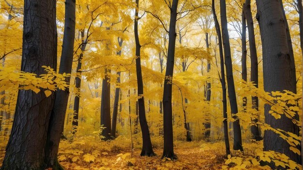 Sunlit golden autumn leaves on a bright blue sky