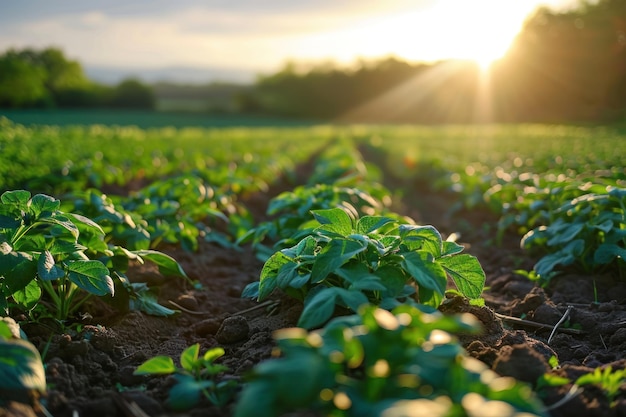 Photo sunlit green field of potato crops in a row