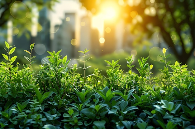 太陽 に 照らさ れ た 緑 の 植物 の 畑