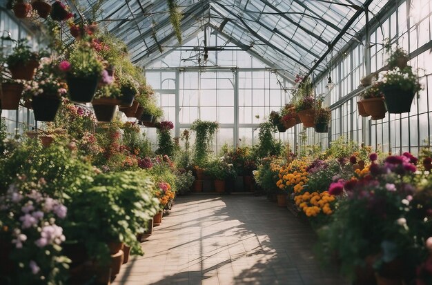 a sunlit greenhouse filled with lush plants hanging baskets and colorful flowers