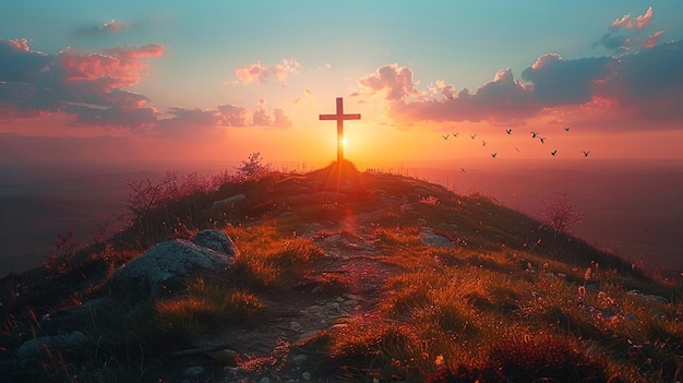 A Sunlit Hilltop With Cross Silhouetted Background