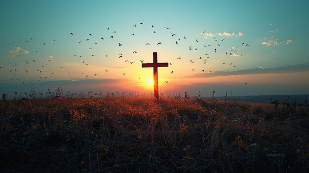 A Sunlit Hilltop With Cross Silhouetted Background