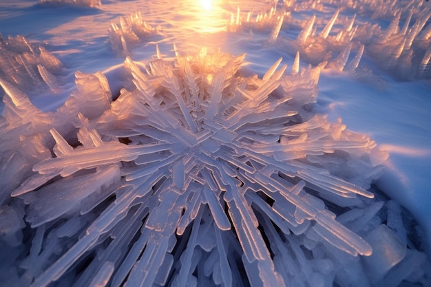 生成 AI で作成された北極の雪面にある太陽に照らされた氷の結晶