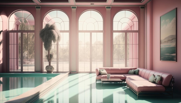 A sunlit indoor lounge area with a pool with clear water and another pool with translucent pastel pink water next to a big window generative ai