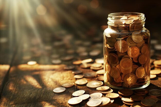 Sunlit jar of coins on a wooden surface