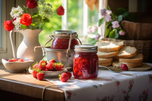 Sunlit jars of strawberry jam on a rustic kitchen table with fresh berries and herbs