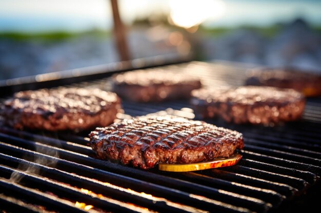 Photo sunlit juicy burger patties cooking on a beach grill