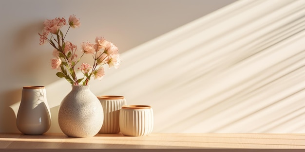 Sunlit kitchen corner with a circular chopping block and decorative vases