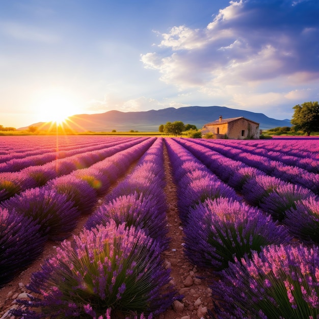 Sunlit Lavender Field filled with flowers