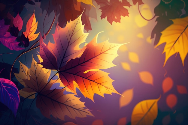 Sunlit leaves of autumn Fall background with blur