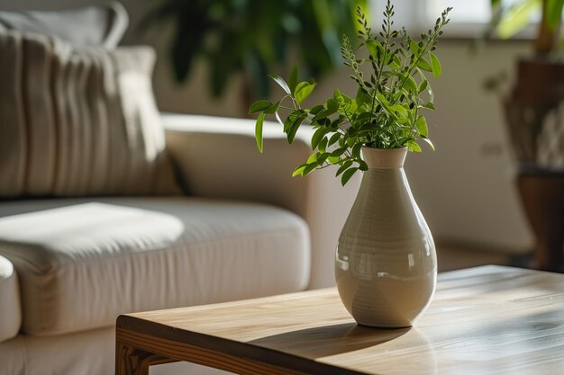 Photo sunlit living room with elegant vase and lush plant on oak table