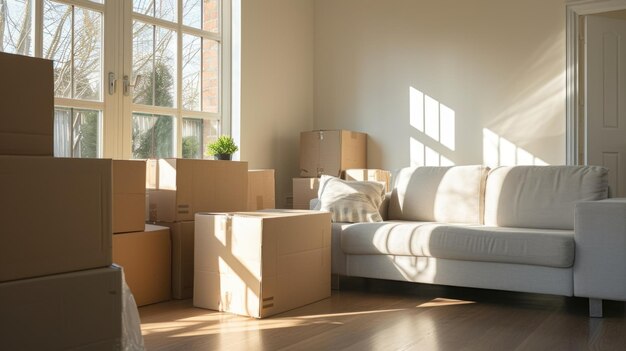 Sunlit living room with stacked moving boxes by the window Moving day concept with copy space