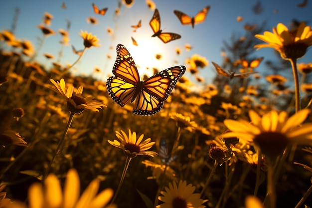 Sunlit meadow alive with thousands of migrating monarch butterflies