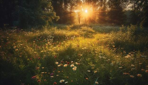 太陽に照らされた草原には、AI によって生成された鮮やかな野生の花が咲き誇ります