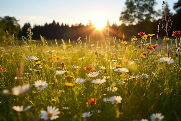 Sunlit Meadow Covered with Wildflowers