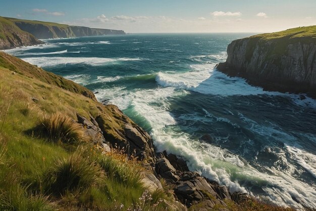 Sunlit meadow with a babbling brookRocky coastline wit