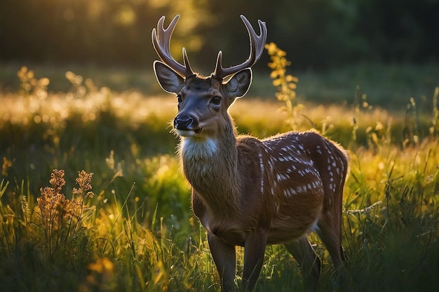 A sunlit meadow with grazing deer