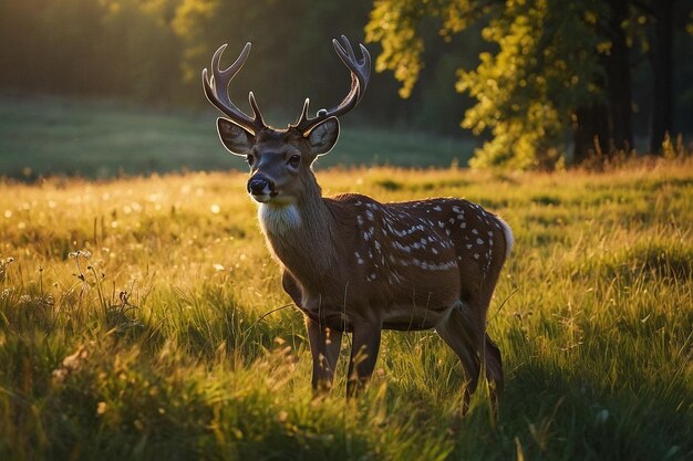 Sunlit Meadow with Grazing Deer