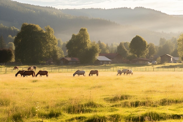 写真 sunlit meadows filled with grazing horses