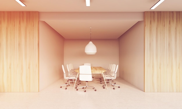 Sunlit meeting room with wooden walls