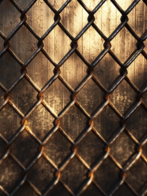 Sunlit metallic mesh with intricate grid pattern and detailed fence background