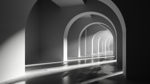 Sunlit modern corridor with repetitive arches and shadows