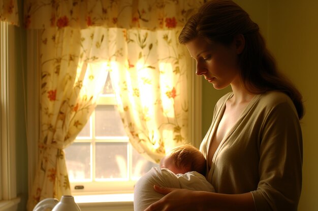 Foto l'incantevole momento in cui una madre cocciola con tenerezza il suo prezioso neonato