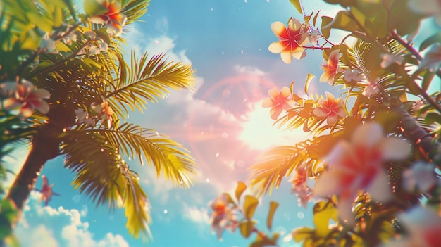 太陽 に 照らさ れ て いる パーム の 葉 は 活気 の ある 夏 の 太陽 の 景色