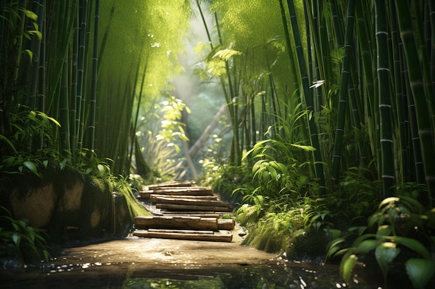 A sunlit path through a lush bamboo forest