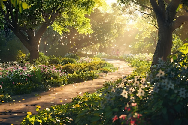 Sunlit pathway in a lush garden