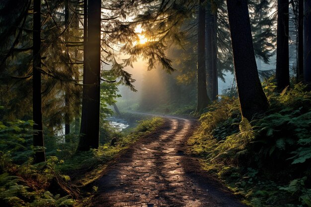 Foto un sentiero illuminato dal sole attraverso una foresta nebbiosa al crepuscolo