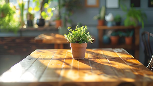 木製 の テーブル に 照らさ れ て いる 植物