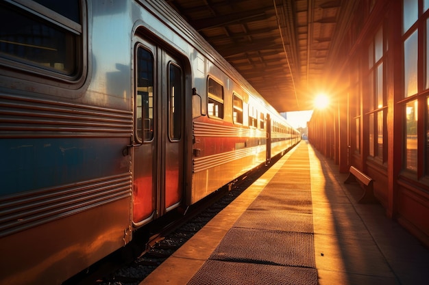 反射窓と青空を持つ、太陽に照らされたプラットフォームのロマンチックな列車のシーン
