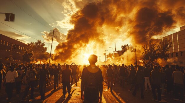 写真 夕暮れの都市街道を通る太陽に照らされた抗議行進