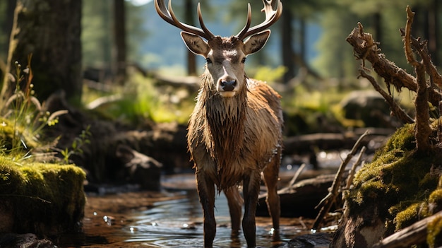 Photo sunlit red deer cervus elaphus generative ai