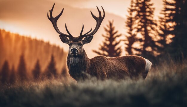 Sunlit red deer cervus elaphus stag with new antlers growing facing camera in summer nature Alert herbivore from side view with copy space Wild animal with brown fur observing on hay field