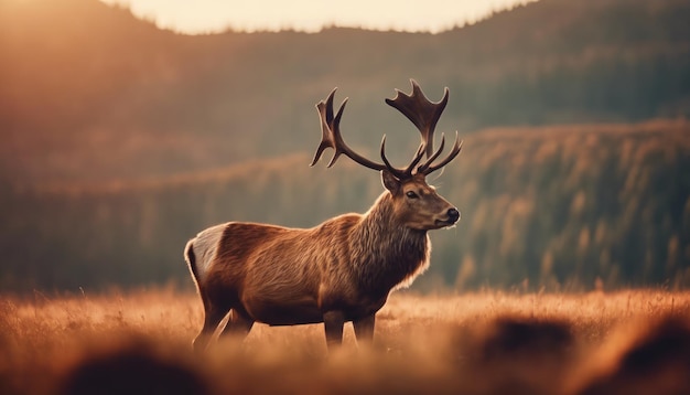 Sunlit red deer cervus elaphus stag with new antlers growing facing camera in summer nature Alert herbivore from side view with copy space Wild animal with brown fur observing on hay field