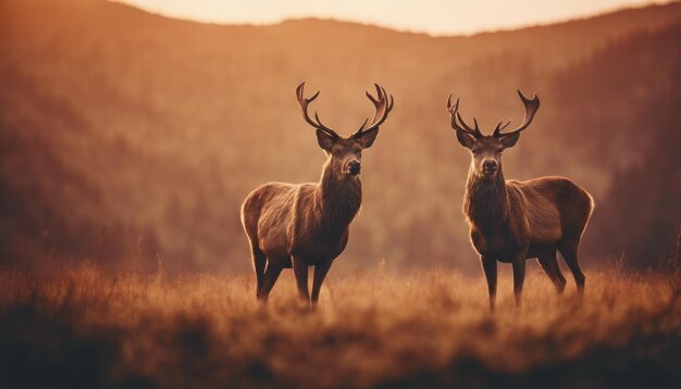 Sunlit red deer cervus elaphus stag with new antlers growing facing camera in summer nature Alert herbivore from side view with copy space Wild animal with brown fur observing on hay field