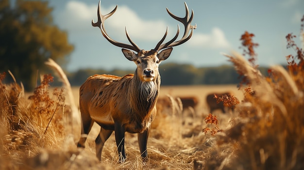 Sunlit red deer cervus elaphus stag with new antlers growing facing camera in summer nature Alert