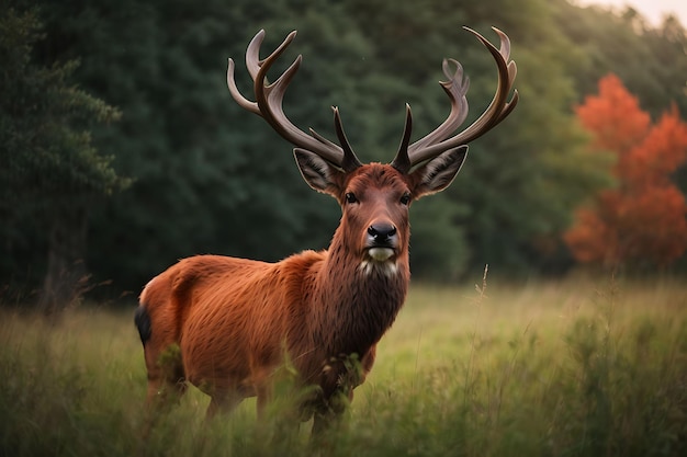 Солнечный красный олень cervus elaphus олень с новыми рогами растет лицом к камере в летней природе