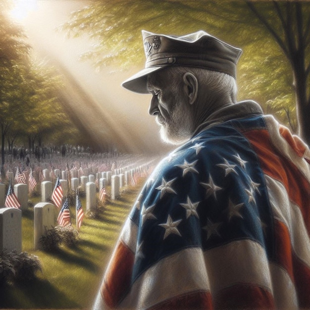 Sunlit Reverie A reflective war veteran draped in the American flag in a serene memorial setting