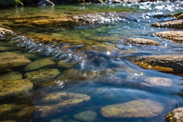 Фото Солнечная река с блестящей водой и камнями