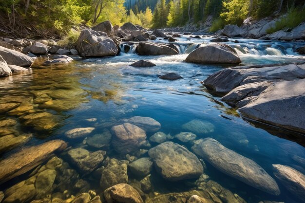 Фото Солнечная река с блестящей водой и камнями