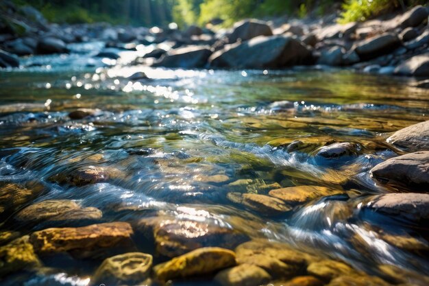 Солнечная река с блестящей водой и камнями