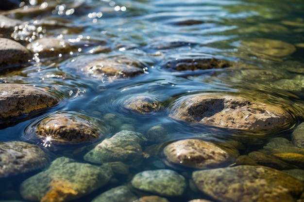 Sunlit river with sparkling water and rocks