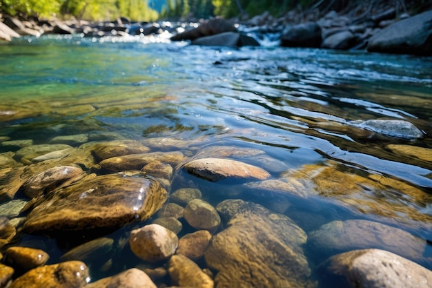 Sunlit river with sparkling water and rocks