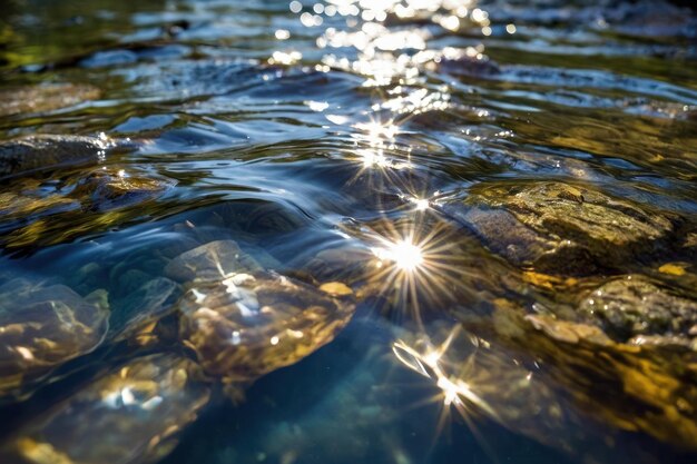 Foto fiume illuminato dal sole con acqua scintillante e rocce