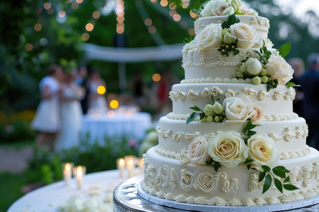 Foto torta nuziale decorata con rose illuminate dal sole in giardinoxa