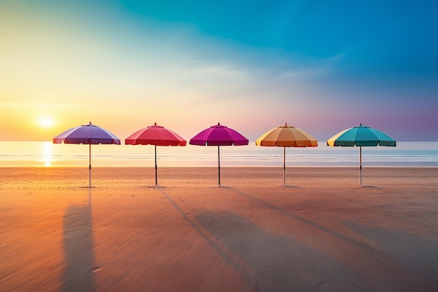 Sunlit row of colorful beach umbrellas at sunset